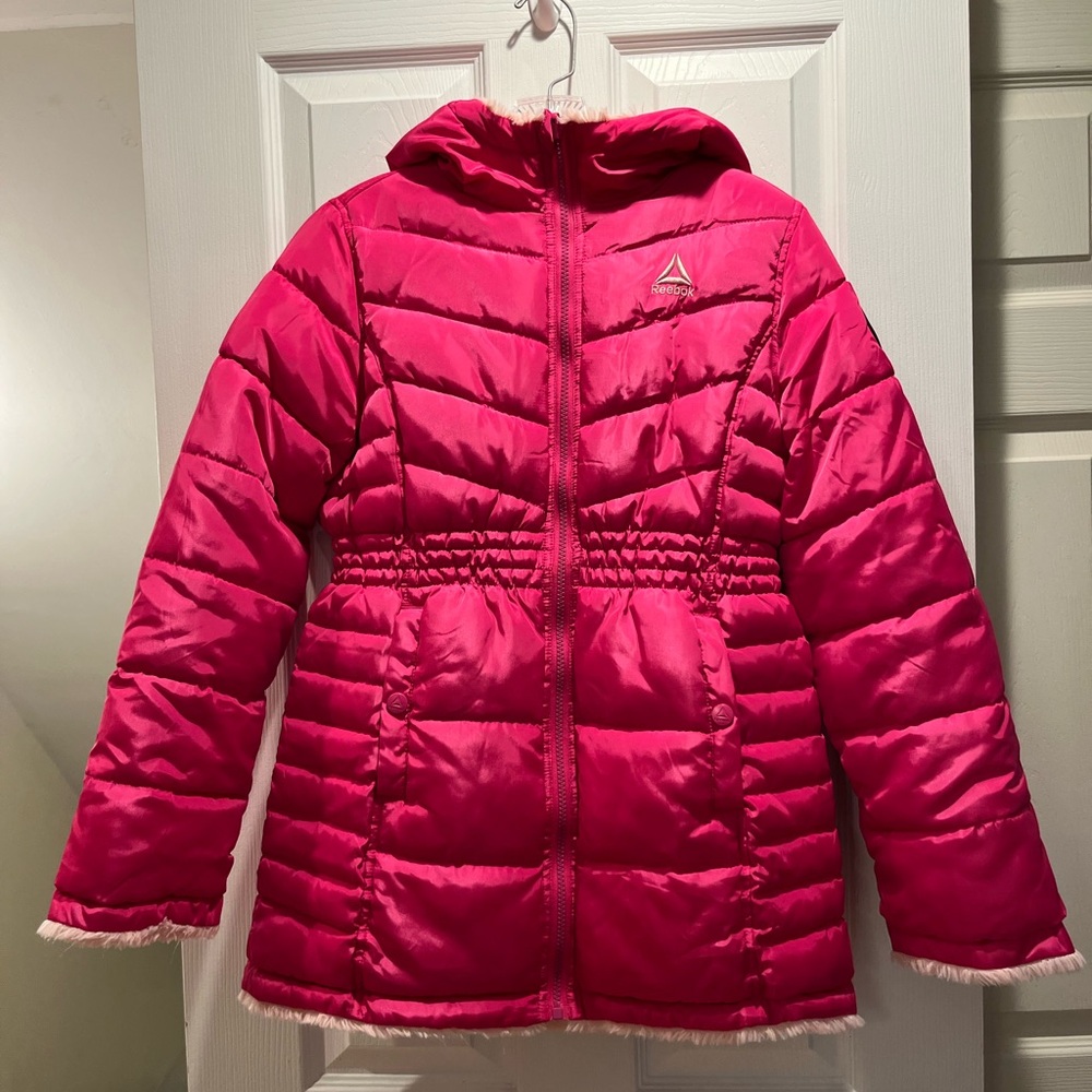 Reebok Kids Reversible Puffer 2 in 1 Jacket Pink Fur 14/16 Girls Winter Coat